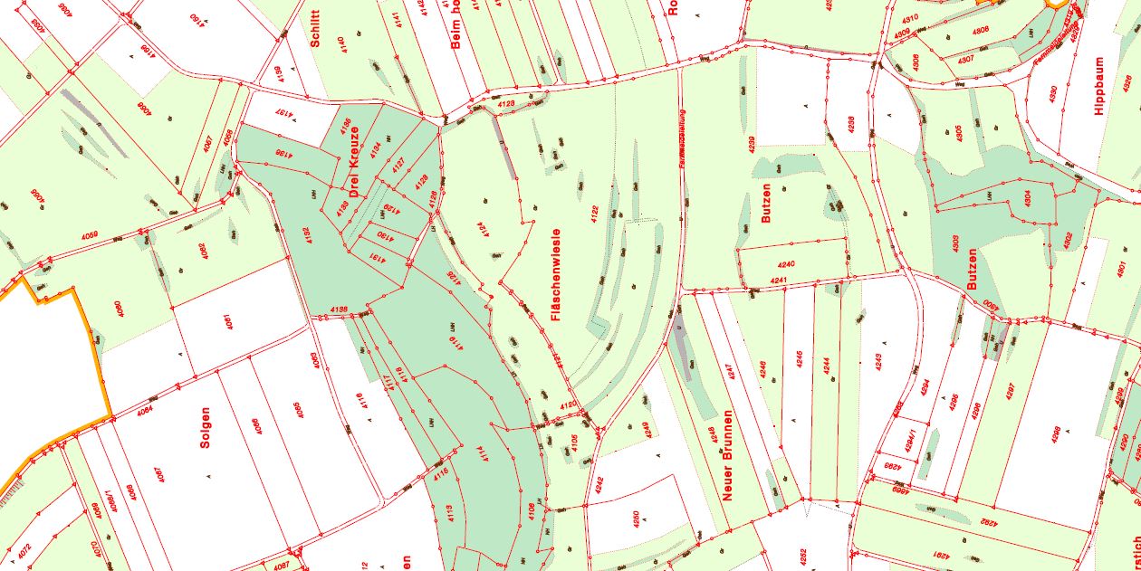 Karte von Irndorf - Auf dem Bild wird die aktuelle Zusammenlegung der neuen Flurstücke mit roten Linien gekennzeichnet